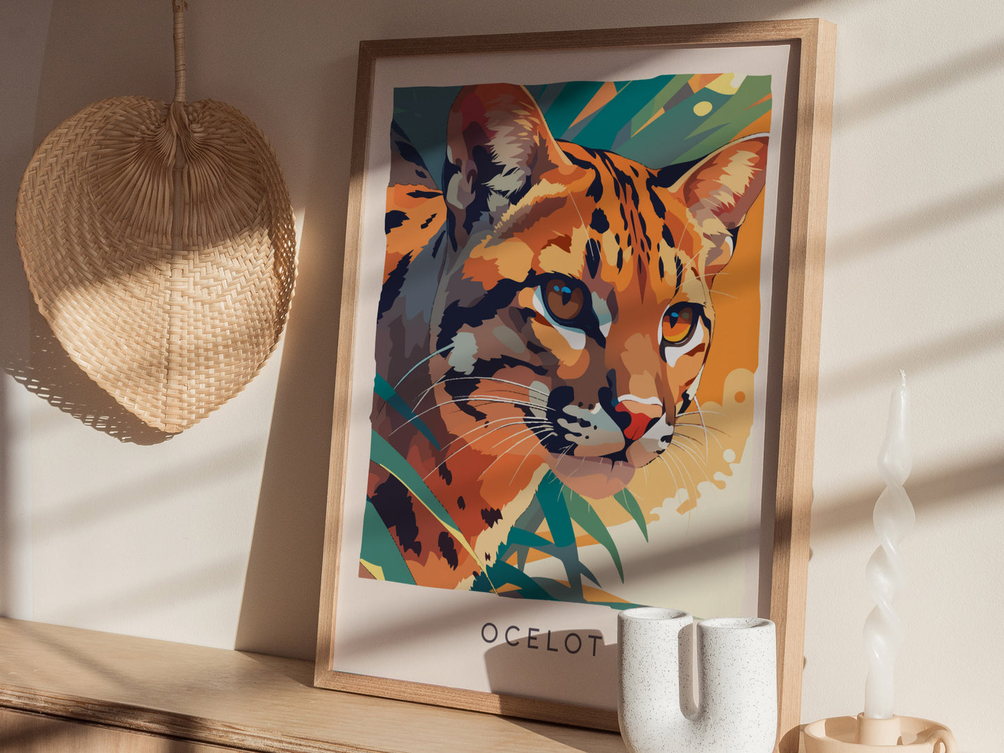 Ocelot, Leopardus Pardalis Poster | Wild Jungle Cat Nature Poster Wall Art — styled in a modern interior