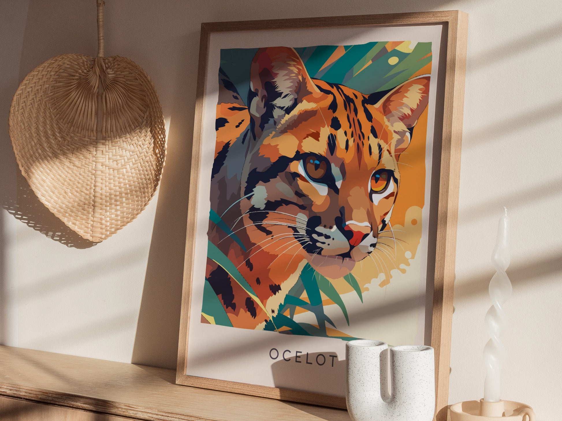Ocelot, Leopardus Pardalis Poster | Wild Jungle Cat Nature Poster Wall Art — styled in a modern interior