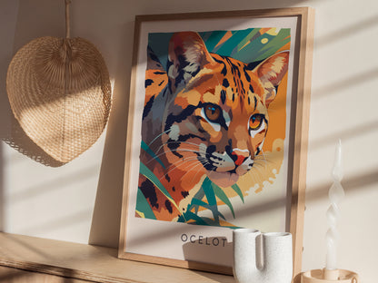 Ocelot, Leopardus Pardalis Poster | Wild Jungle Cat Nature Poster Wall Art — styled in a modern interior