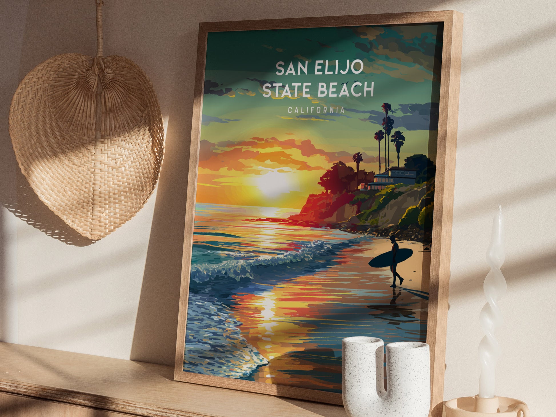 San Elijo State Beach, California Poster | Golden Bluffs & Ocean Breeze Wall Art — styled in a modern interior