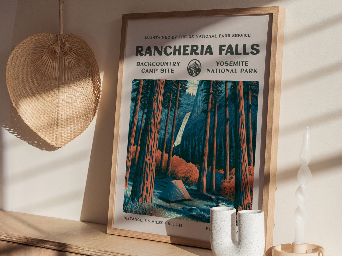 Rancheria Falls, Yosemite National Park Poster | Hiker Gift | Backcountry Trail Wall Art — styled in a modern interior
