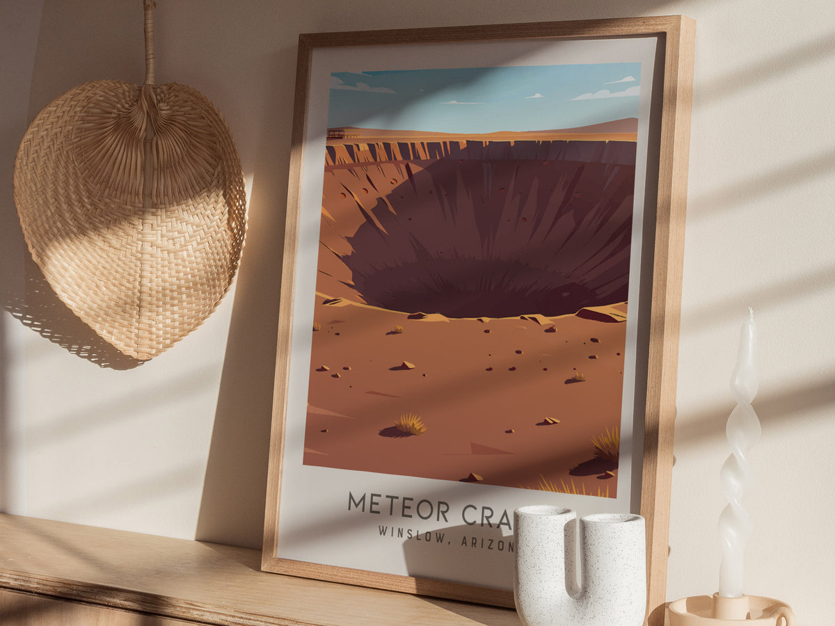 Meteor Crater Matte Border Poster | Winslow, Arizona Destination Print — styled in a modern interior