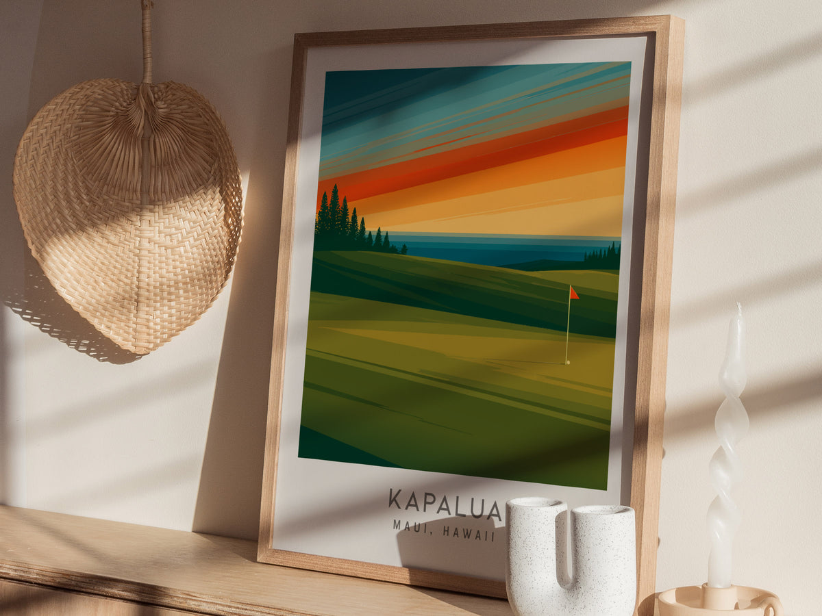Kapalua Matte Border Poster | Maui, Hawaii Golf Course Print Travel Wall Art — styled in a modern interior