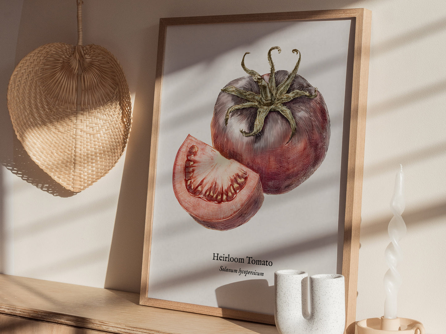 Heirloom Tomato Poster | Vintage Solanum Lycopersicum Botanical Illustration Wall Art — styled in a modern interior
