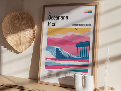 Oceanana Pier, Atlantic Beach, North Carolina Poster | Surf Wall Art & Beach House Decor — styled in a modern interior