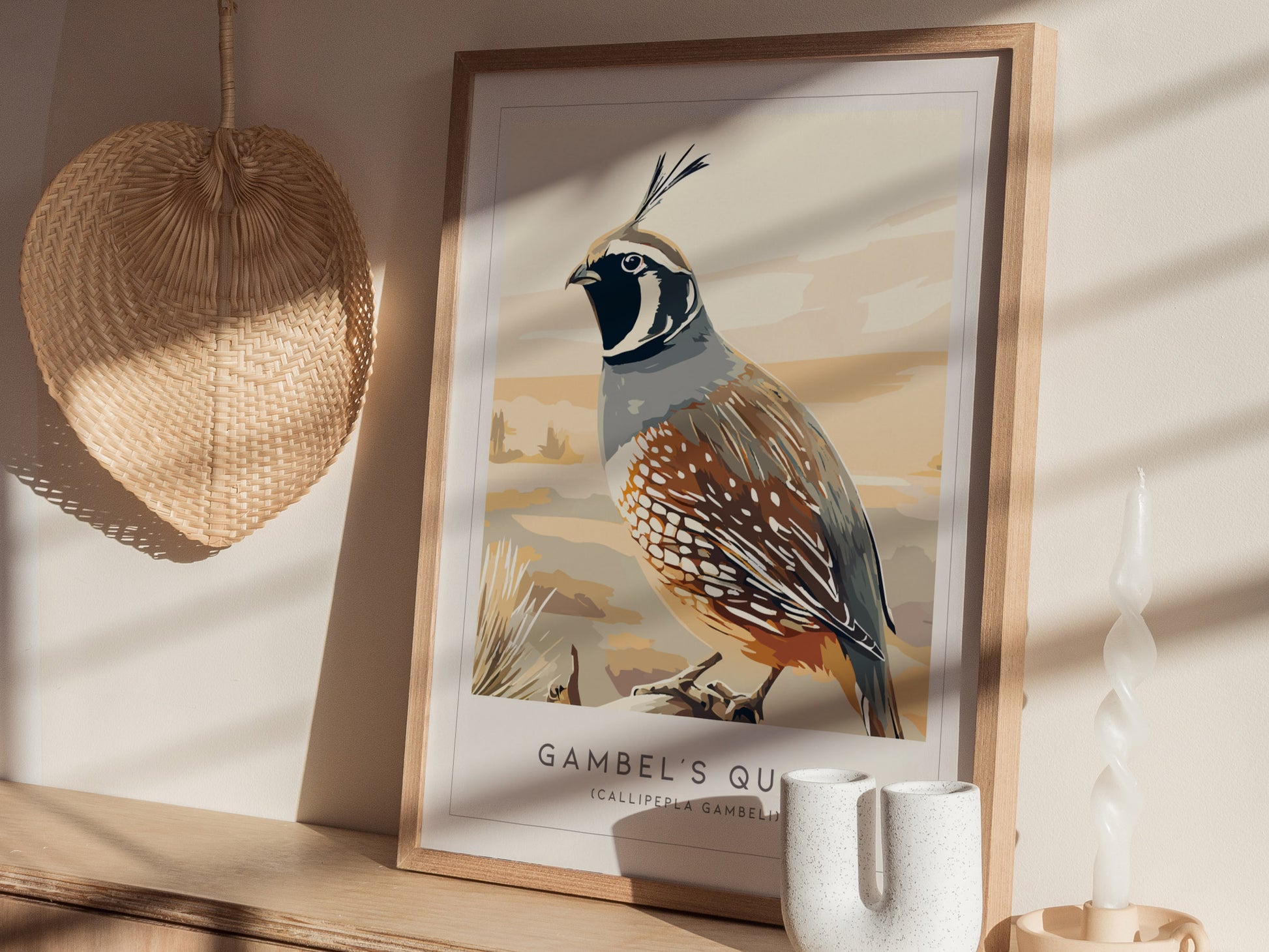 Gambel's Quail, Callipepla gambeli Poster | Desert Bird Wall Art Wildlife Print — styled in a modern interior