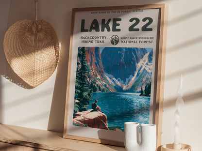 Lake 22, Mount Baker-Snoqualmie National Forest Poster | Hiker Gift | Backcountry Trail Wall Art — styled in a modern interio