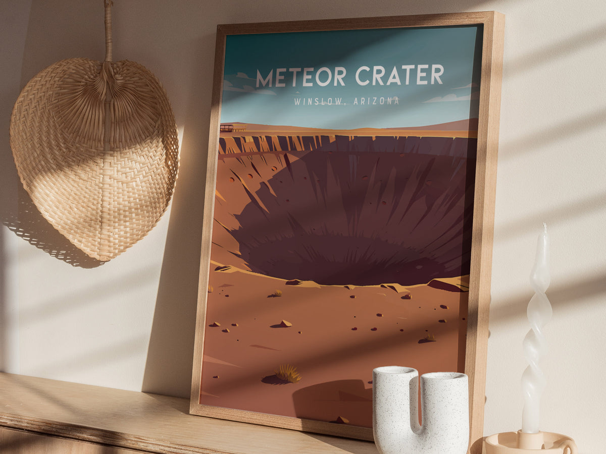Meteor Crater, Winslow, Arizona Poster | Desert Adventure Travel Wall Art — styled in a modern interior