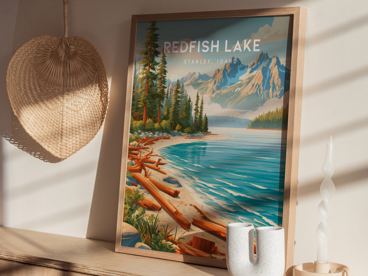 Redfish Lake, Stanley, Idaho Poster | Mountain Lake Destination Print Wall Art — styled in a modern interior