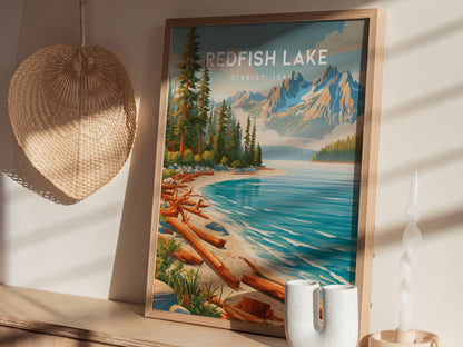 Redfish Lake, Stanley, Idaho Poster | Mountain Lake Destination Print Wall Art — styled in a modern interior