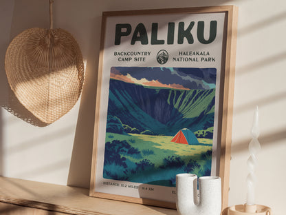 Paliku, Haleakala National Park Poster | Backpacker Gift | Misty Crater Wilderness Wall Art — styled in a modern interior