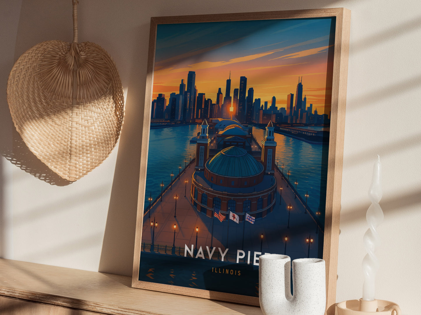 Navy Pier Chicago Poster | Skyline Sunset Wall Art Print