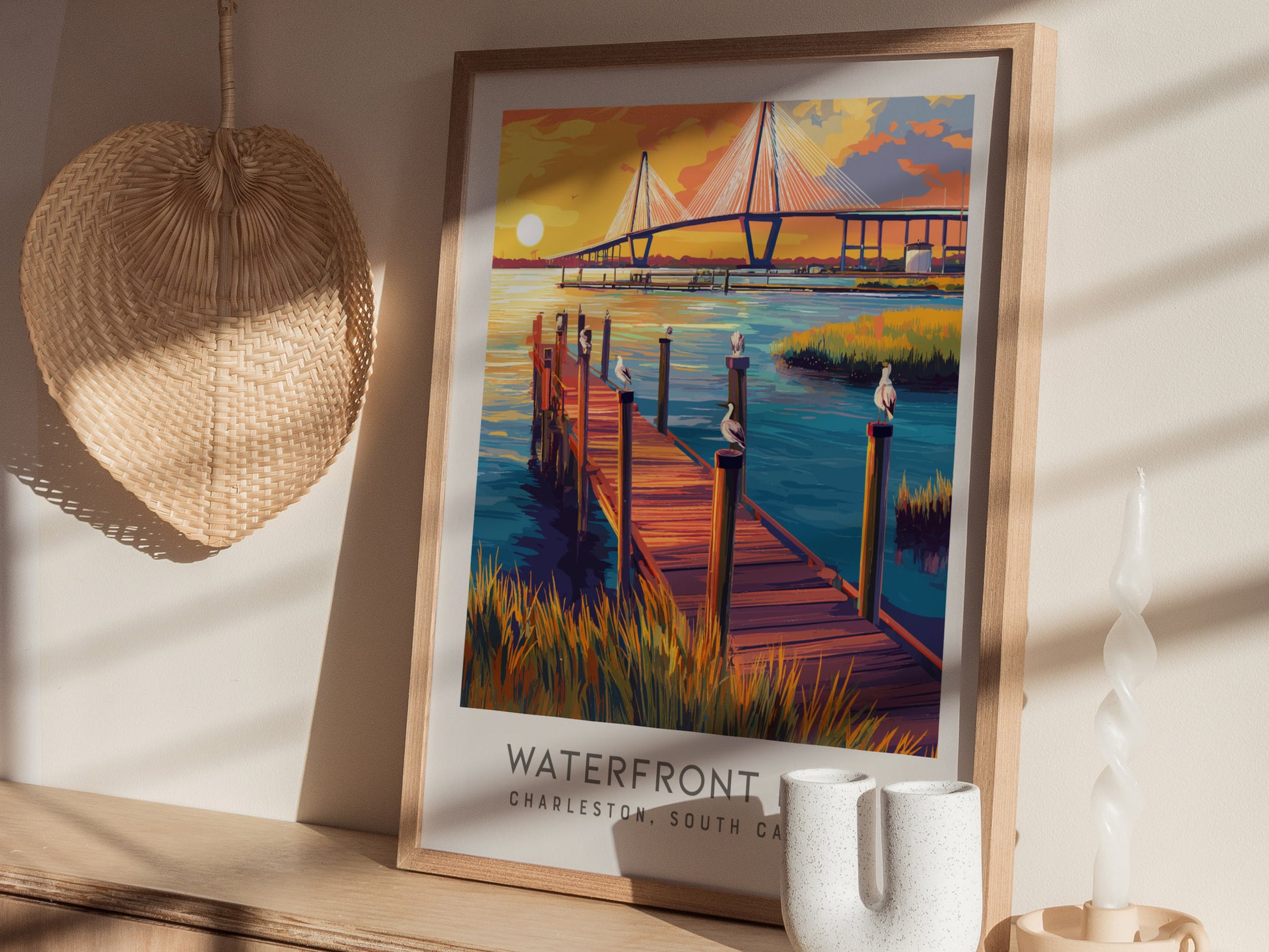 Waterfront Park Matte Border Poster | Charleston South Carolina Travel Wall Art — styled in a modern interior