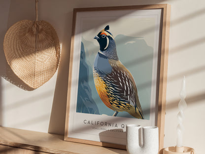 California Quail Poster | Golden State Bird Illustration Wall Art — styled in a modern interior