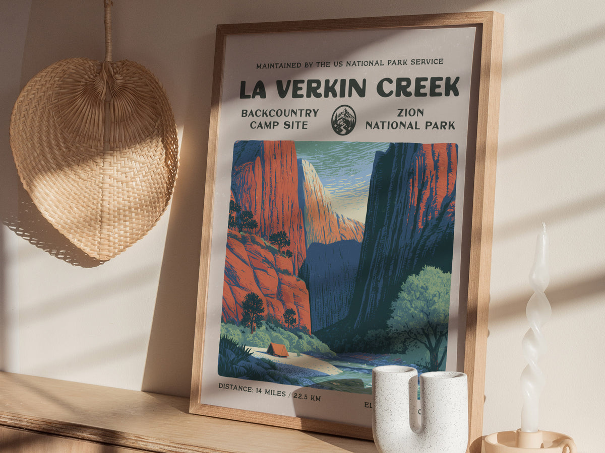 La Verkin Creek, Zion National Park Poster | Hiker Gift | Backcountry Trail Wall Art — styled in a modern interior