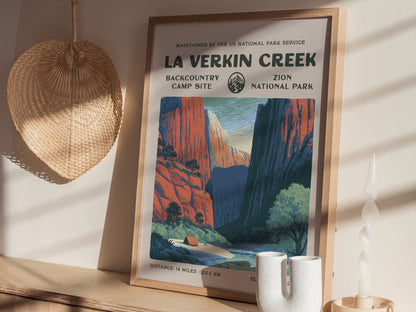 La Verkin Creek, Zion National Park Poster | Hiker Gift | Backcountry Trail Wall Art — styled in a modern interior