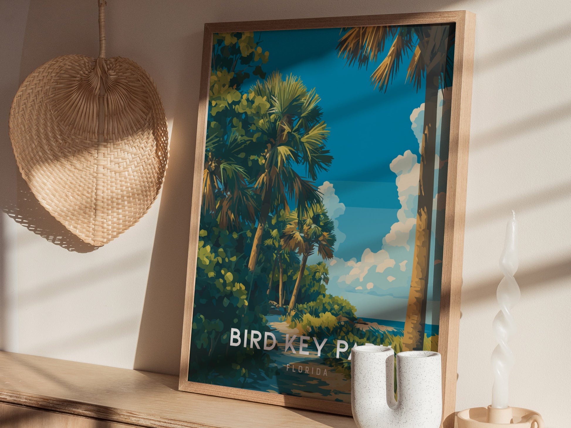 Bird Key Park, Florida Poster | Tropical Waterfront Serenity Wall Art — styled in a modern interior
