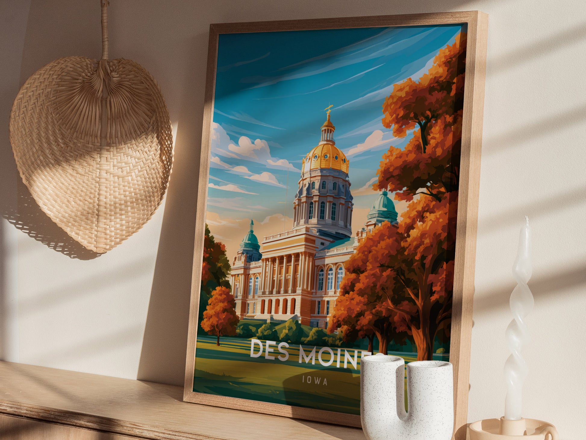 Des Moines, Iowa Poster | Golden Dome & Skyline Destination Print Wall Art — styled in a modern interior