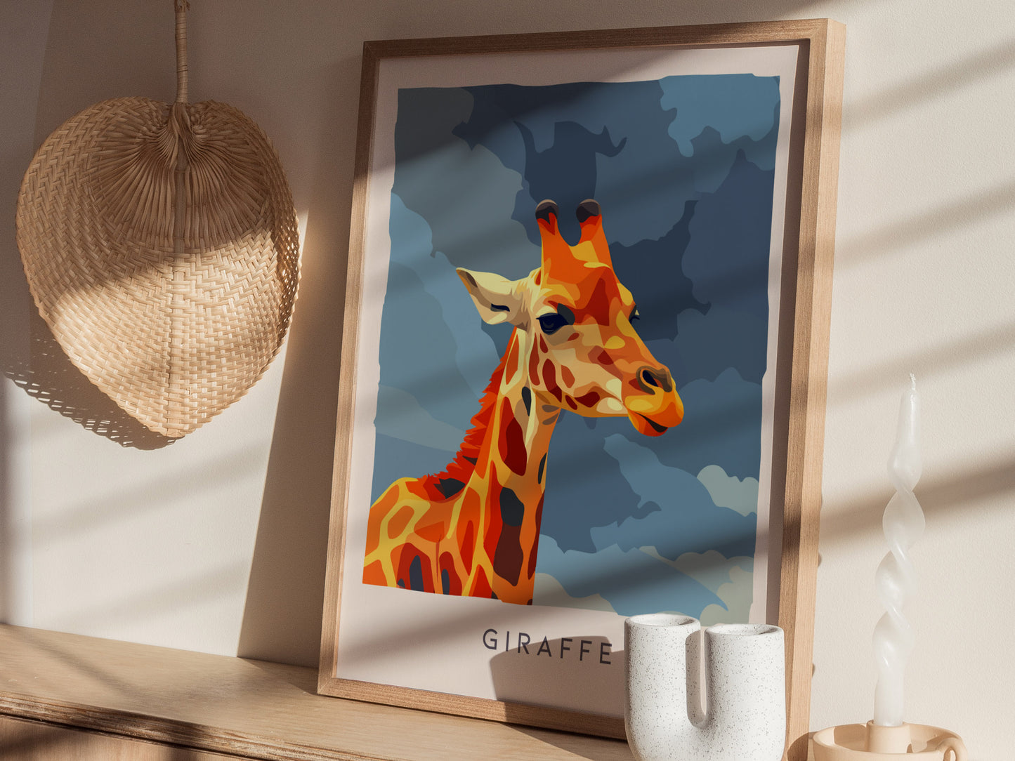 Neon Giraffe Pop Art Poster | Retro 80s Safari Wall Art Print — styled in a modern interior