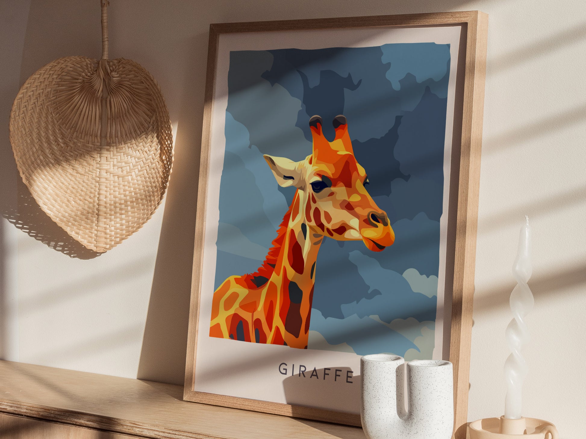 Neon Giraffe Pop Art Poster | Retro 80s Safari Wall Art Print — styled in a modern interior