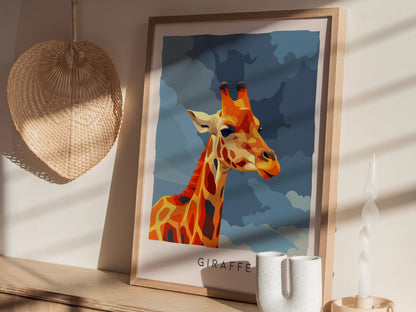 Neon Giraffe Pop Art Poster | Retro 80s Safari Wall Art Print — styled in a modern interior