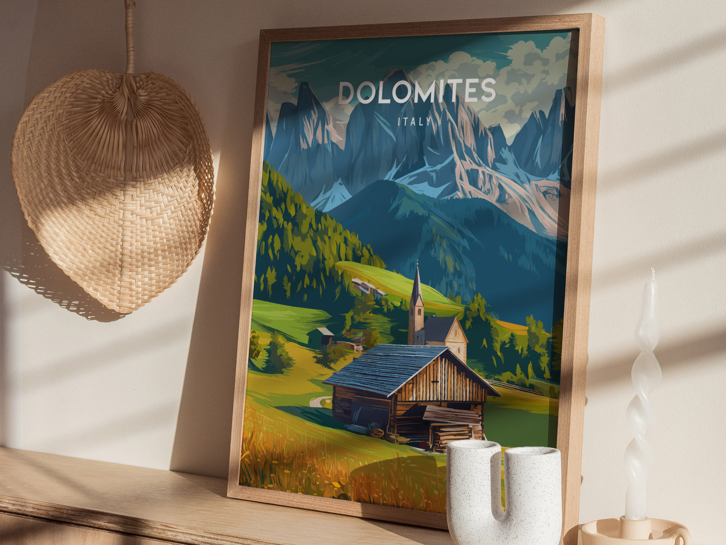 Dolomites, Italy Poster | Alpine Peaks & Meadow Travel Wall Art — styled in a modern interior