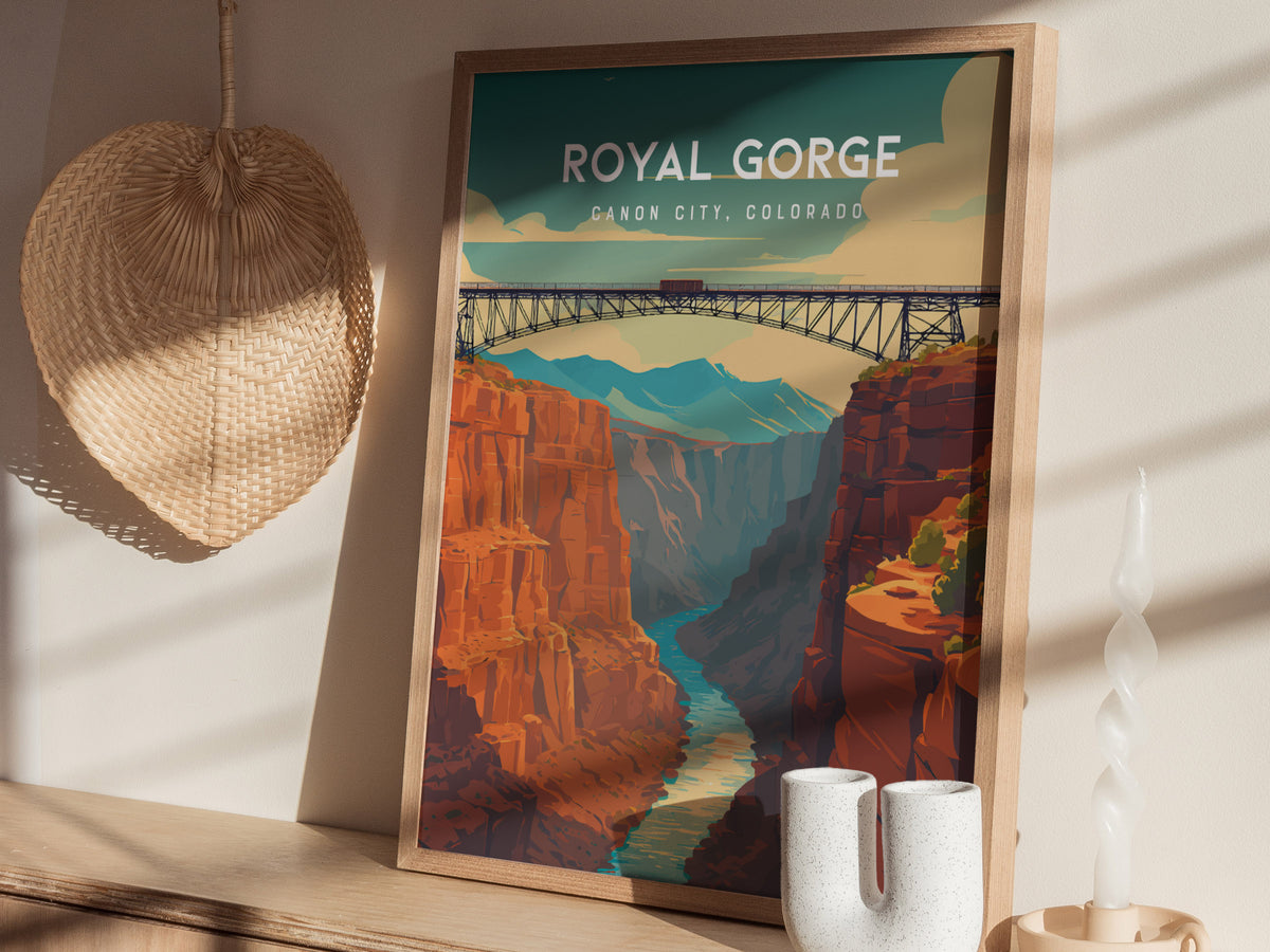 Royal Gorge, Canon City, Colorado Poster | Dramatic Canyon Bridge Destination Print Wall Art — styled in a modern interior