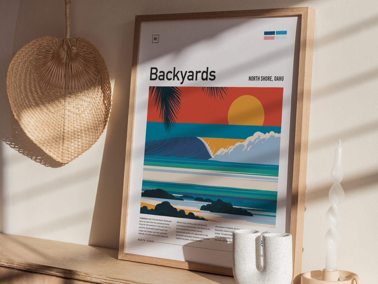 Backyards, Hawaii Poster | Tropical Surf Break Paradise Wall Art — styled in a modern interior