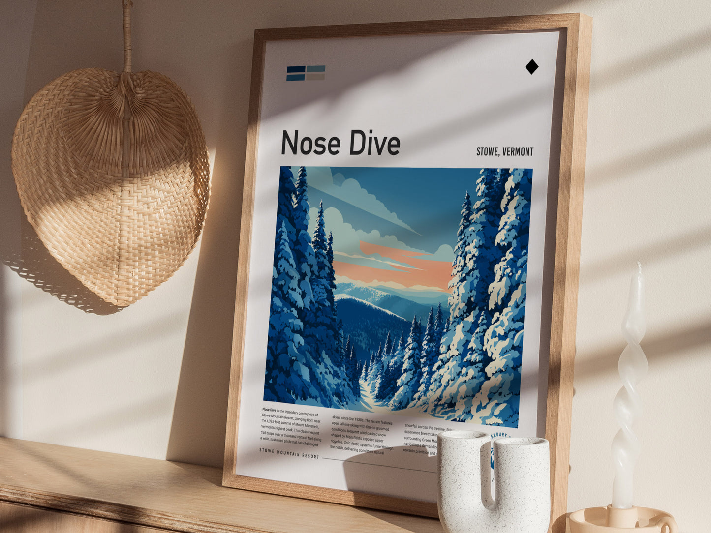 Nose Dive, Stowe, Vermont Poster | Bold Ski Run Mountain Wall Art — styled in a modern interior