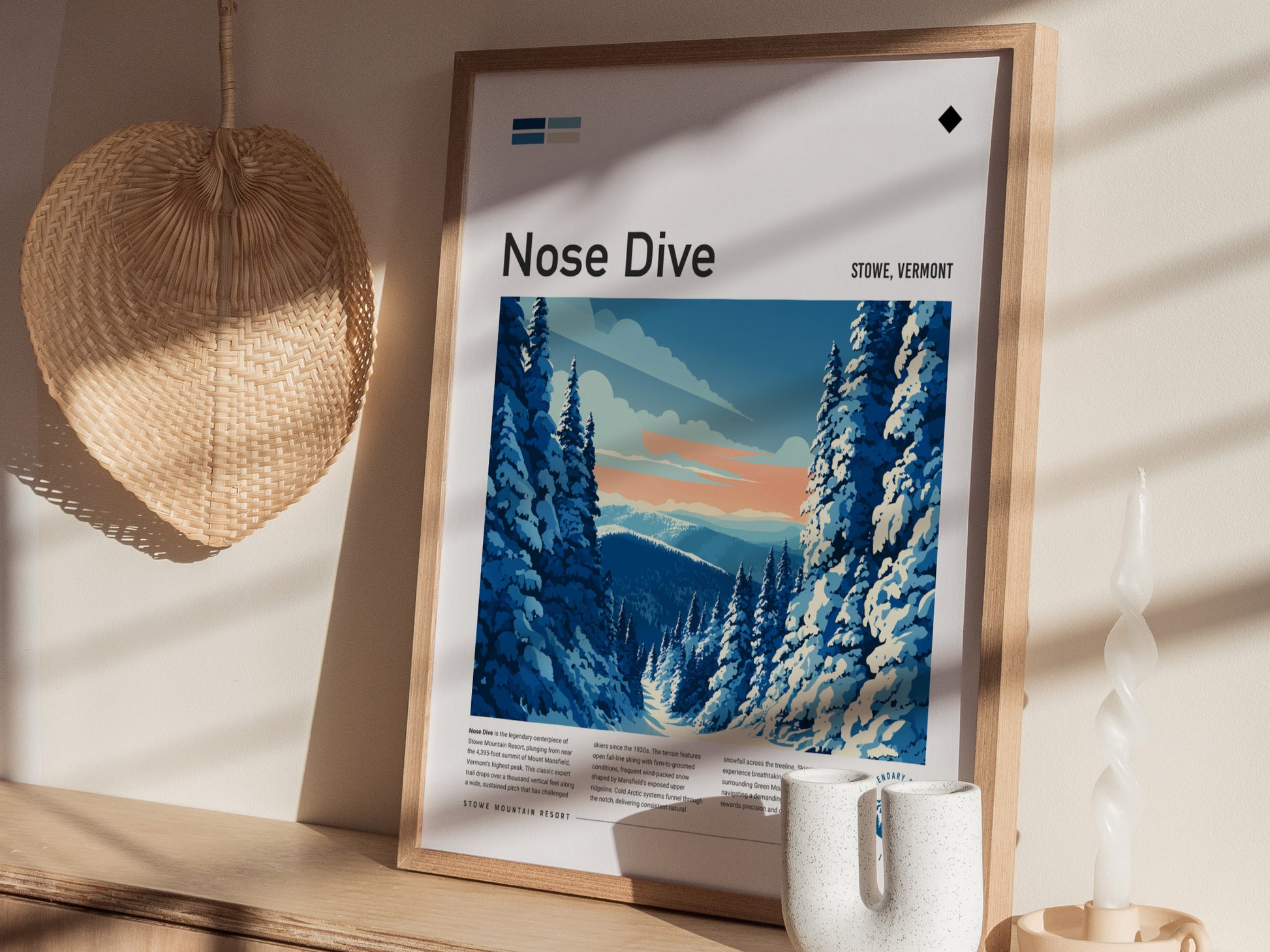 Nose Dive, Stowe, Vermont Poster | Bold Ski Run Mountain Wall Art — styled in a modern interior