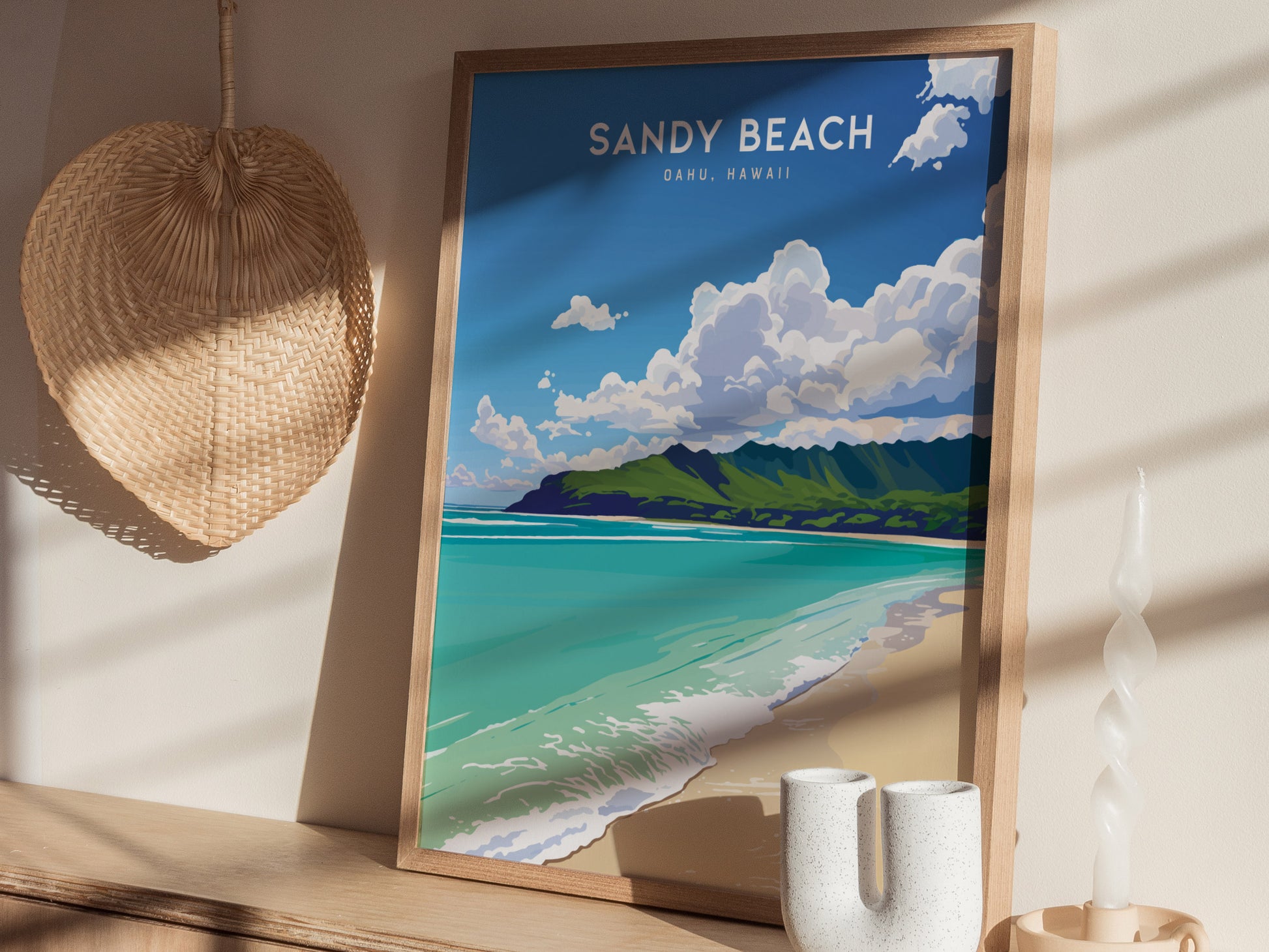 Sandy Beach Oahu Poster | Hawaii Tropical Beach Art | South Shore Print