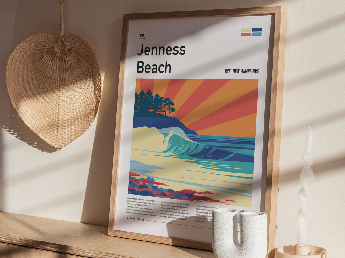 Jenness Beach, Rye, New Hampshire Poster | Surf Wall Art & Coastal Waves Print — styled in a modern interior