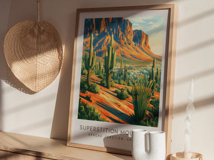 Superstition Mountains Matte Border Poster | Apache Junction, Arizona Travel Wall Art — styled in a modern interior