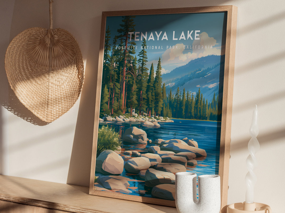 Tenaya Lake, Yosemite National Park, California Poster | Mountain Lake Vacation Wall Art — styled in a modern interior
