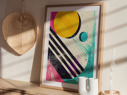 A framed abstract art poster with bold geometric shapes and vibrant colors is displayed on a wooden shelf. Next to it, a woven fan and a twisted candle are visible.
