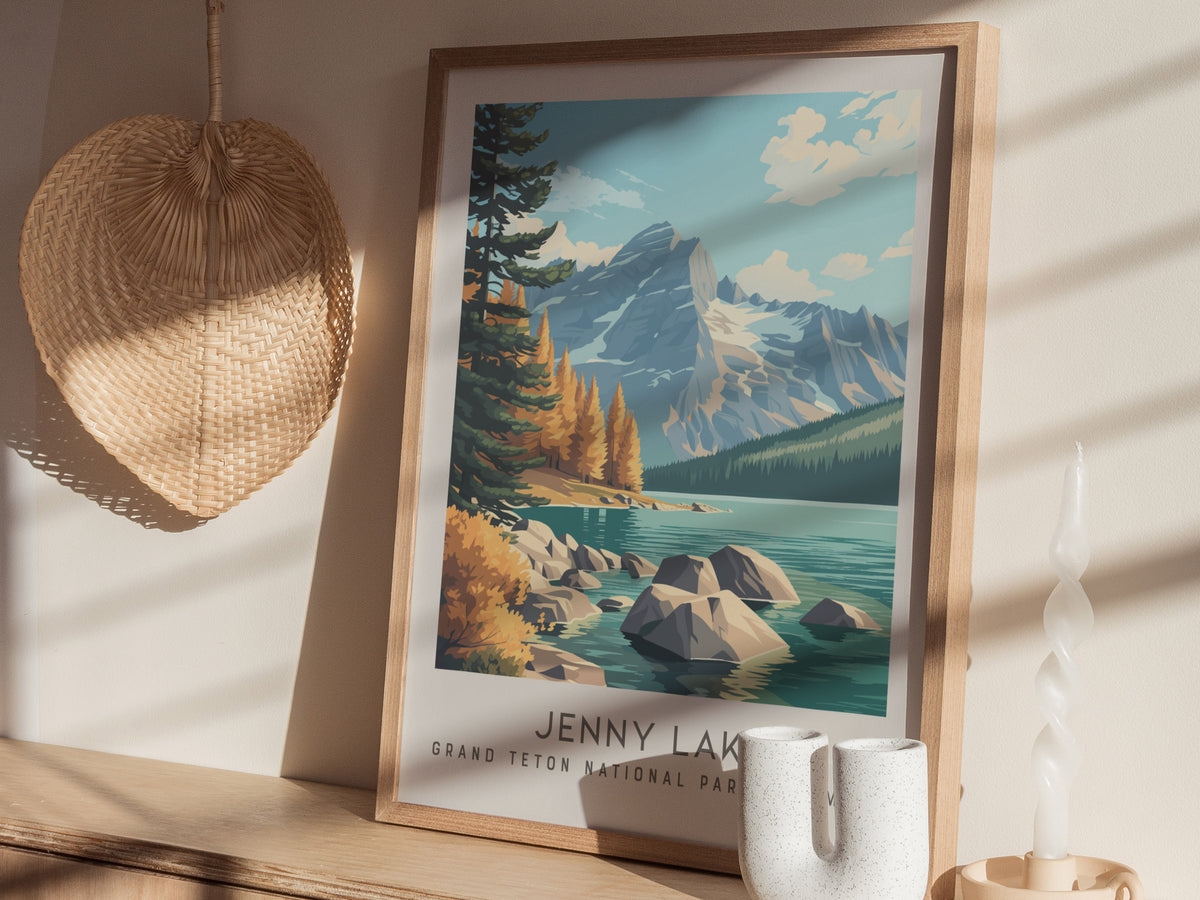 Jenny Lake Matte Border Poster | Grand Teton National Park, Wyoming Travel Wall Art — styled in a modern interior