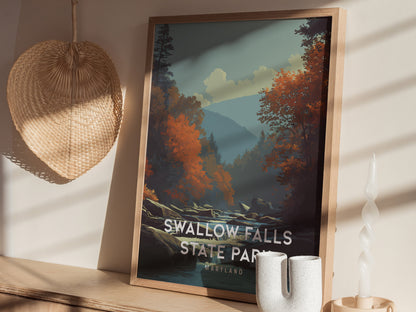 Swallow Falls State Park, Maryland Poster | Waterfall Forest Destination Print Wall Art — styled in a modern interior