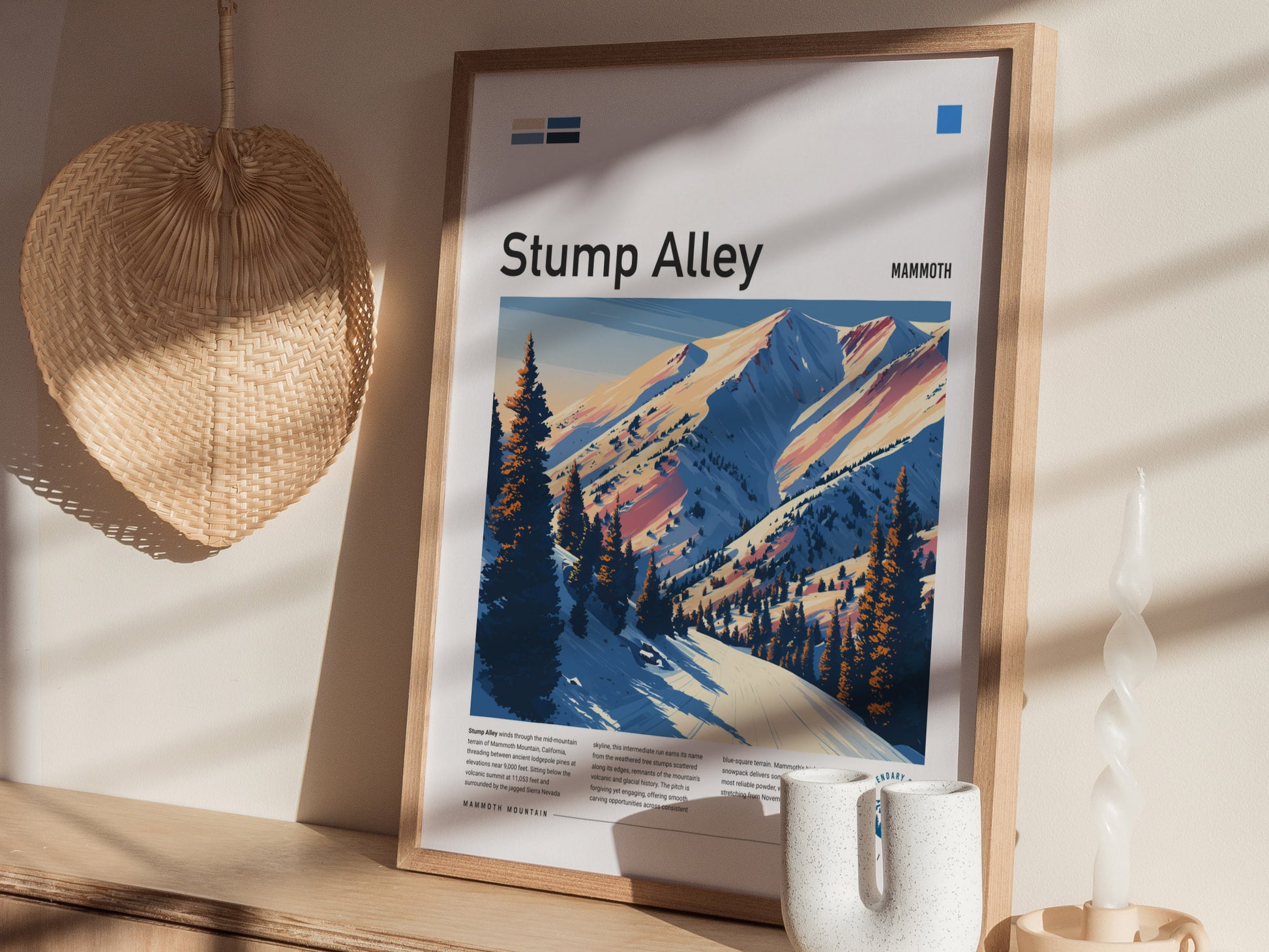 Stump Alley, Mammoth Poster | Bold Ski Run Mountain Wall Art — styled in a modern interior