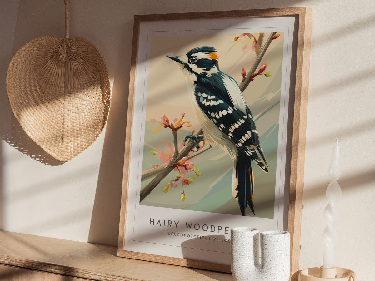 Hairy Woodpecker Poster | Bold Forest Bird Illustration Wall Art — styled in a modern interior