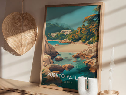 Puerto Vallarta, Mexico Poster | Tropical Coast & Cathedral Wall Art — styled in a modern interior