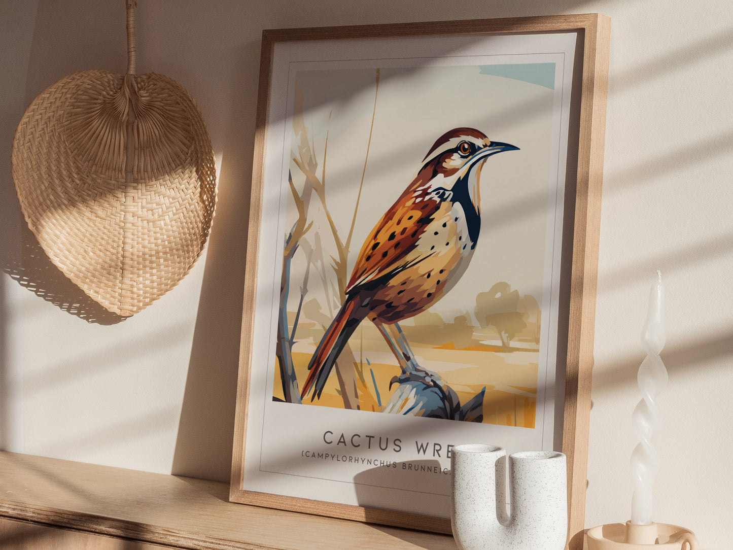 Cactus Wren Poster | Desert Songbird & Blooming Cactus Wall Art — styled in a modern interior