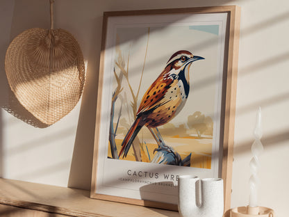 Cactus Wren Poster | Desert Songbird & Blooming Cactus Wall Art — styled in a modern interior