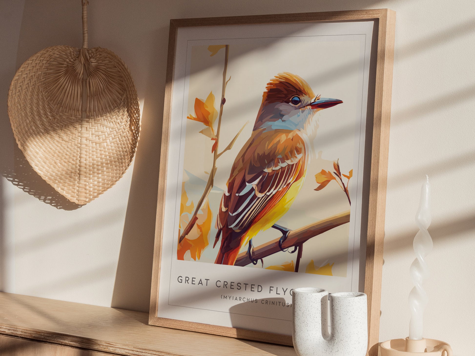 Great Crested Flycatcher Poster | Woodland Songbird Nature Wall Art — styled in a modern interior