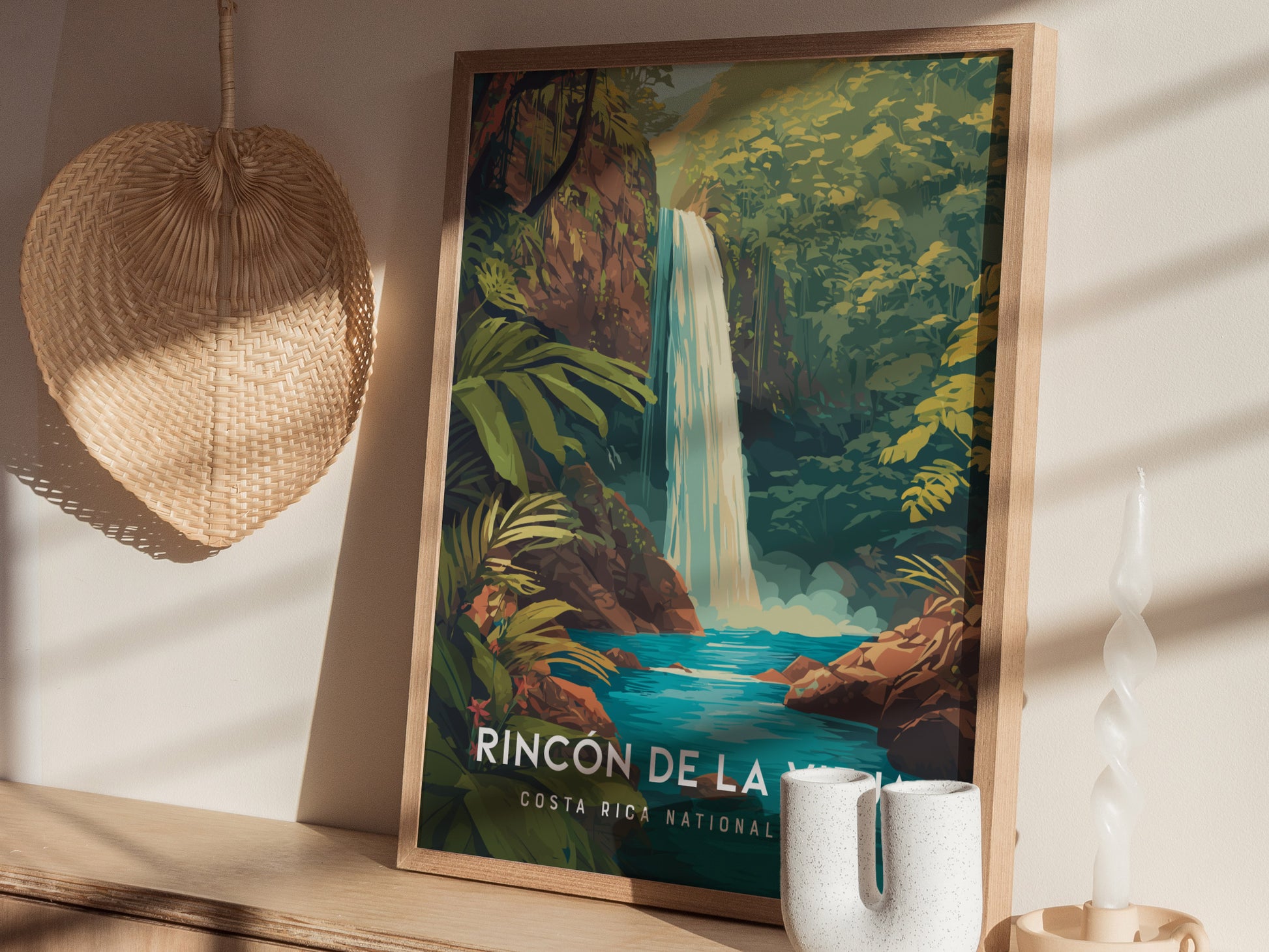 A beautifully illustrated poster featuring a waterfall cascading into a lush, tropical river surrounded by vibrant greenery.