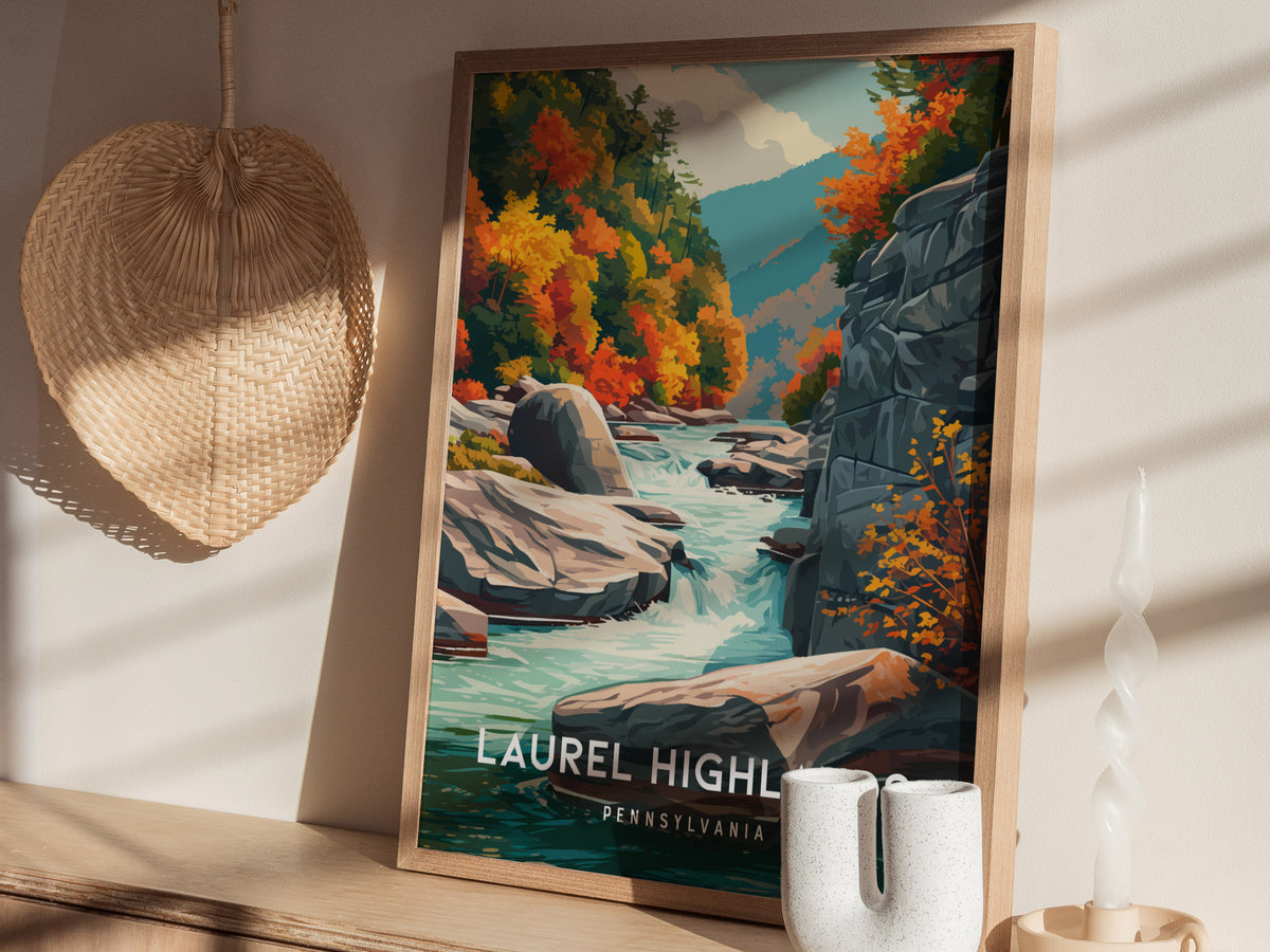 Laurel Highlands, Pennsylvania Poster | Mountain Forest Retreat Framed or Unframed Wall Art — styled in a modern interior