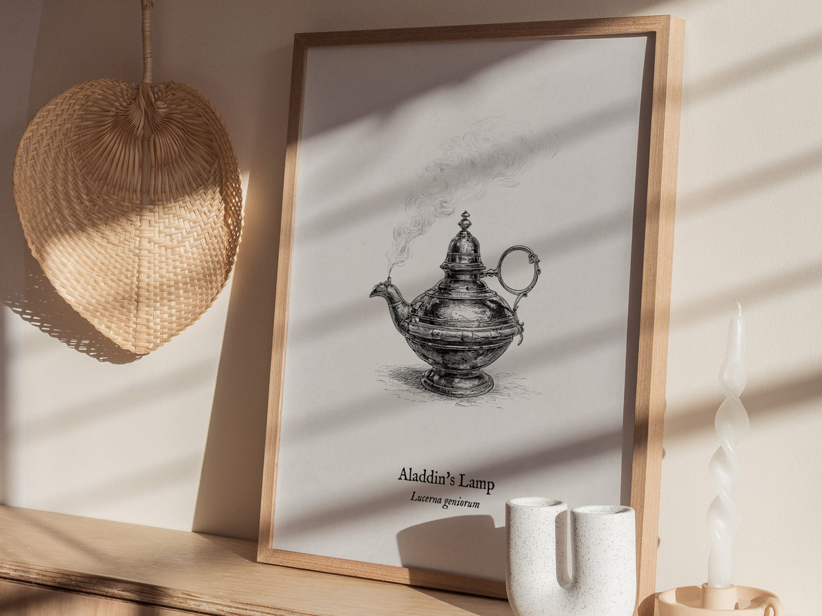 Aladdin's Lamp Poster | Lucerna Geniorum Pen and Ink Print Vintage Scientific Illustration Wall Art — styled in a modern inte
