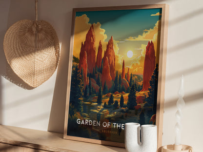 A framed poster depicting red rock formations under a vibrant sky is displayed on a wooden surface, accompanied by a woven fan and decorative items.