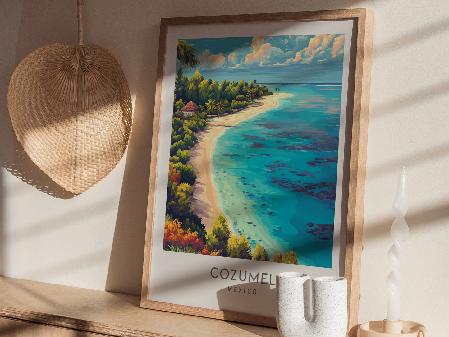 Cozumel Matte Border Poster | Mexico Coastal Beach Decor Vacation Wall Art — styled in a modern interior