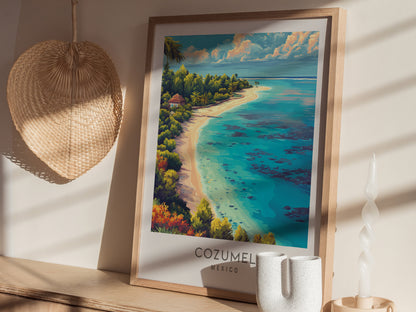 Cozumel Matte Border Poster | Mexico Coastal Beach Decor Vacation Wall Art — styled in a modern interior