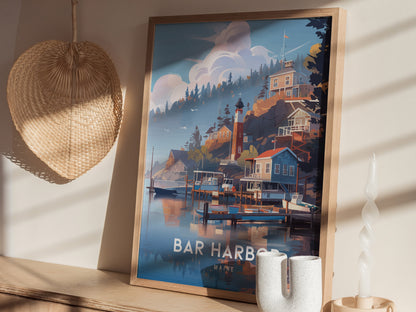 A framed poster of Bar Harbor, Maine, featuring colorful coastal houses and a lighthouse, sits on a wooden shelf beside a woven wall decor and a white sculptural candle.